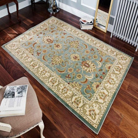 Persian Easy to Clean Aqua Bordered Floral Traditional Rug for Dining Room-120cm X 170cm