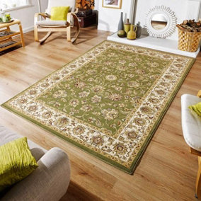 Persian Easy to Clean Bordered Floral Green Traditional Rug for Dining Room-120cm X 170cm