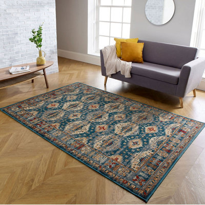 Persian Easy to Clean Graphics Teal Traditional Rug for Dining Room-80cm X 150cm