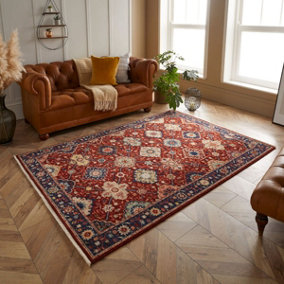 Persian Red Traditional Geometric Bordered Wool Rug for Living Room & Bedroom-120cm X 180cm