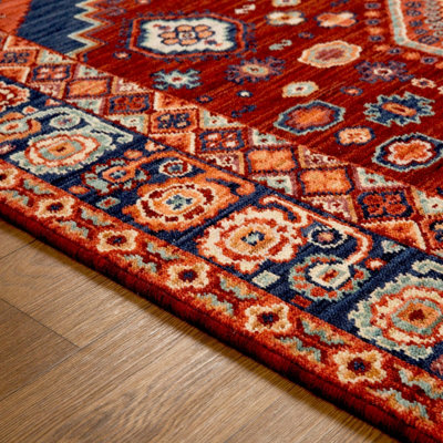 Persian Red Traditional Geometric Bordered Wool Rug for Living Room & Bedroom-160cm X 235cm