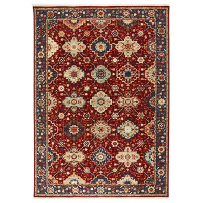 Persian Red Traditional Geometric Bordered Wool Rug for Living Room & Bedroom-80cm X 150cm