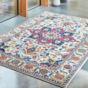 Persian White Multi Floral Traditional Jute Backing Easy to Clean Rug for Living Room Bedroom Dining Room-200cm X 290cm