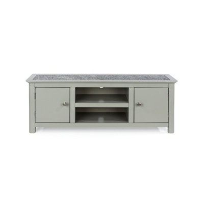 Perth 2 door wide TV unit, grey with stone insert top