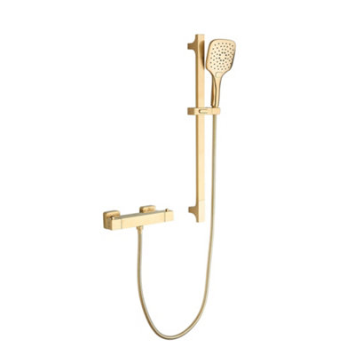 Perth Square Exposed Thermostatic Bar Valve & Slide Rail Shower Kit - Brushed Gold