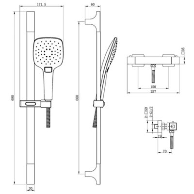 Perth Square Exposed Thermostatic Bar Valve & Slide Rail Shower Kit - Brushed Gold - 4