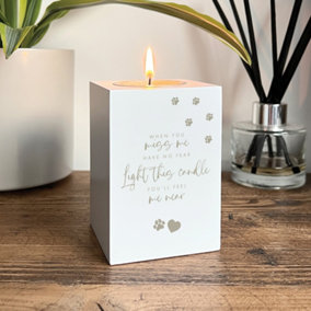 Pet Memorial Tea Light Holder - White Wooden Bereavement Candle Holder with Paw Prints, Heart Design, and Verse