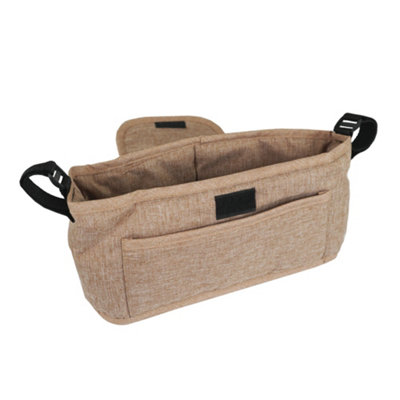 Pet Stroller Caddy Organiser Woven Beige Pushchair Pram Travel Accessory Bag Detachable Hook  Loop Straps Elastic Cup Pouch Front Pocket Large Capacity Multifunctional Linen Fabric