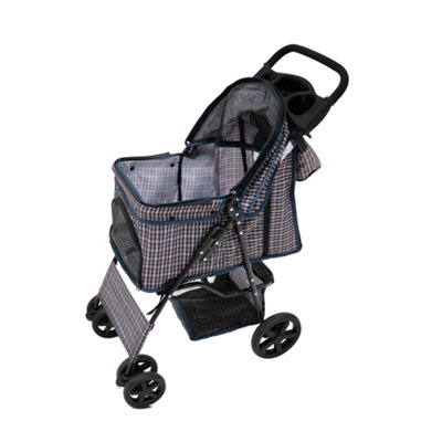 Pet Stroller with Rain Cover & Caddy Bag in Blue Tartan