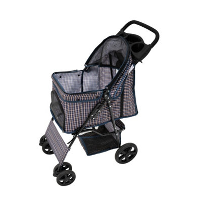 Pet Stroller with Rain Cover in Blue Tartan