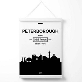 Peterborough Black and White City Skyline Poster with Hanger / 33cm / White