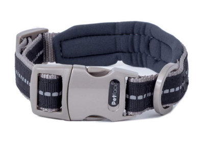 Petface Signature Padded Dog Collar Large Black with grey stitch