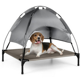 PETLICITY Elevated Dog Bed - Indoor & Outdoor Pet Mesh Camping Cot Tent with Canopy Cover (92 cm x 76 cm, Grey)