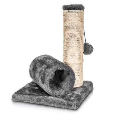 PETLICITY Grey Cat Scratching Post - Pet Kitten Activity Play Centre & Sisal Scratch Post, Tunnel & Hanging Mouse Toy Ball