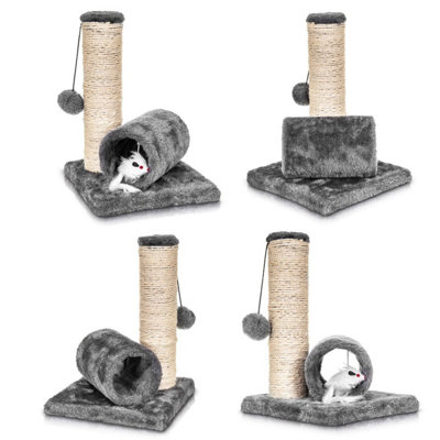 PETLICITY Grey Cat Scratching Post - Pet Kitten Activity Play Centre & Sisal Scratch Post, Tunnel & Hanging Mouse Toy Ball
