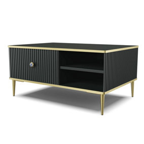 Petra Coffee Table in Black - Sleek Modern Design with Storage and Gold Metal Legs - W900mm x H430mm x D600mm