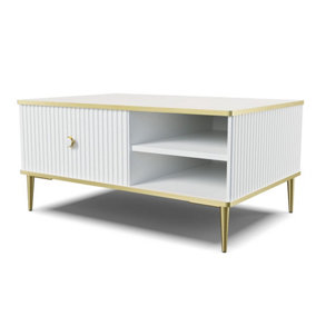 Petra Coffee Table in White - Sleek Modern Design with Storage and Gold Metal Legs - W900mm x H430mm x D600mm