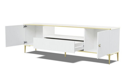 Petra TV Cabinet in White - Elegant Design with Gold Metal Legs & Ample Storage - W1800mm x H550mm x D350mm