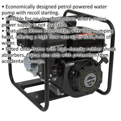 Petrol Powered Water Pump - 7 Horsepower Engine - 50mm Inlet - Shock Absorbers