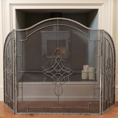 PEWTER Coal, Log, Kindling Bucket and Matches Canister with Silver Three-Fold Firescreen