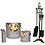 PEWTER Handled Free Standing Companion Set with 3pc Grey Fireside Storage Set