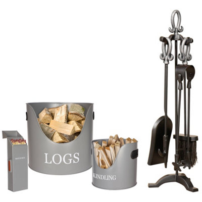 PEWTER Handled Free Standing Companion Set with 3pc Grey Fireside ...