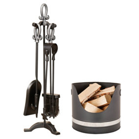 PEWTER Handled Free Standing Companion Set with Black and Nickel Log Bucket