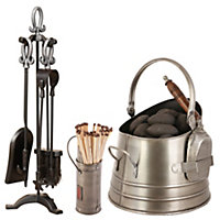 PEWTER Handled Free Standing Companion Set with Coal Bucket and Matches Canister