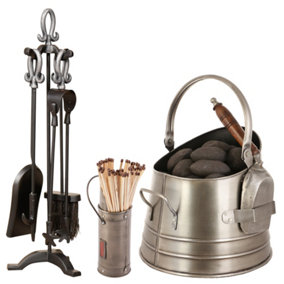 PEWTER Handled Free Standing Companion Set with Coal Bucket and Matches Canister