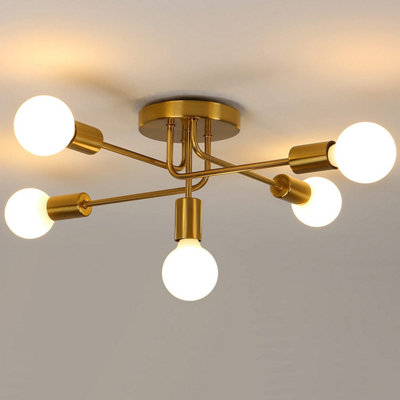 Pheashine Modern Gold Metal 5 Arm Semi Flush Ceiling Light, E27 Fitting Not Included, Indoor Lamp for Living Room Kitchen Bedroom