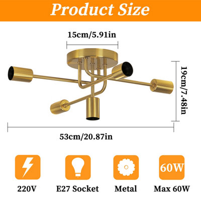 Pheashine Modern Gold Metal 5 Arm Semi Flush Ceiling Light, E27 Fitting Not Included, Indoor Lamp for Living Room Kitchen Bedroom