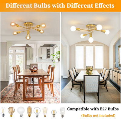 Pheashine Modern Gold Metal 5 Arm Semi Flush Ceiling Light, E27 Fitting Not Included, Indoor Lamp for Living Room Kitchen Bedroom