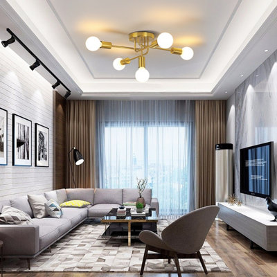 Pheashine Modern Gold Metal 5 Arm Semi Flush Ceiling Light, E27 Fitting Not Included, Indoor Lamp for Living Room Kitchen Bedroom