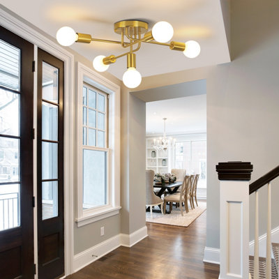 Pheashine Modern Gold Metal 5 Arm Semi Flush Ceiling Light, E27 Fitting Not Included, Indoor Lamp for Living Room Kitchen Bedroom