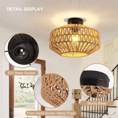 Pheashine Rattan Ceiling Light E27, Retro Hand-Woven Rattan Chandelier ...