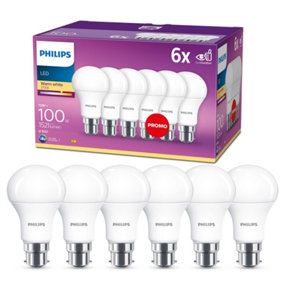 Philips LED Frosted Light Bulb, B22 Bayonet Cap, 10.5W (100 equivalent). Non-dimmable, Warm White, 6 pack