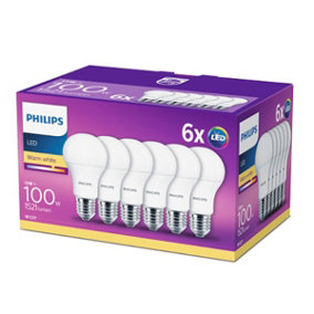 Philips LED Frosted Light Bulb, E27 Edison Screw, 13W  (100 equivalent). Non-dimmable, Warm White, Six Pack