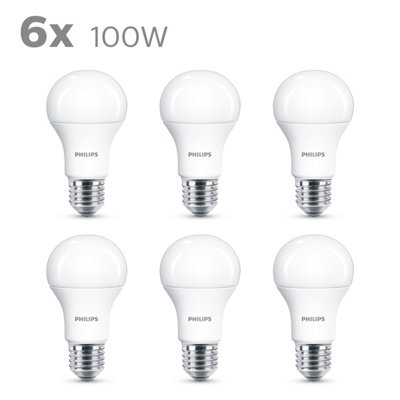 Philips LED Frosted Light Bulb, E27 Edison Screw, 13W  (100 equivalent). Non-dimmable, Warm White, Six Pack