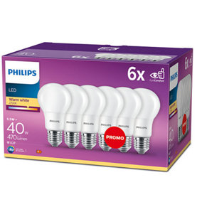 Philips LED Frosted Light Bulb, E27 Edison Screw, 4.5W (40 equivalent). Non-dimmable, Cool White, 6 Pack