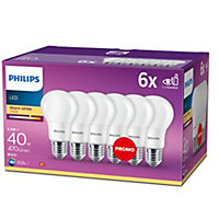 Philips LED Frosted Light Bulb, E27 Edison Screw, 4.5W (40 equivalent). Non-dimmable, Warm White, 6 Pack