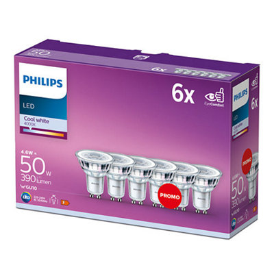 Philips LED Spot Light Bulb, GU10 Spotlight, 4.6W (50 equivalent). Non-dimmable, Cool White, 6 Pack