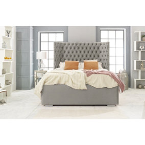 Philly Plush Bed Frame With Thick Winged Headboard - Grey