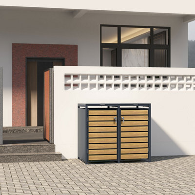 Phoenix GB2213AWK Double Wheelie Bin Steel Storage in Anthracite and Oak Wood Effect