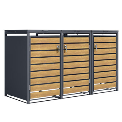 Phoenix GB3320AWK Triple Wheelie Bin Storage, Wood Effect & Anthracite, Lockable Metal Bin Store, Weather-Resistant