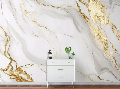 Photo Wallpaper Marble White Gold Bedroom Non-Woven Wall Mural Modern 400x280 cm