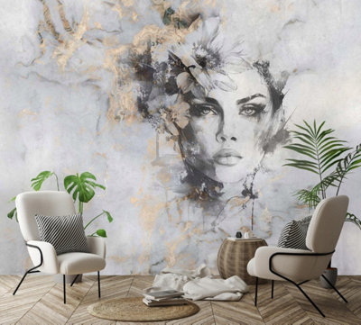 Photo Wallpaper Woman Abstract Grey Gold Non-Woven Wall Mural Modern 300x210 cm