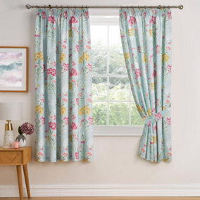 Pia Floral Print Pair of Pencil Pleat Curtains With Tie-Backs