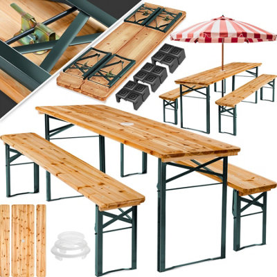 Picnic Table and Bench Set Ludwig - 2 benches, table with parasol holder, foldable  - brown