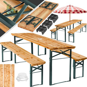 Picnic Table and Bench Set Ludwig - 2 benches, table with parasol holder, foldable  - brown