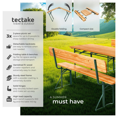Picnic Table & Benches Franz II - 1 table & 2 benches, foldable, with backrests - brown